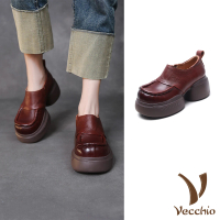 【Vecchio】真皮便鞋 厚底便鞋/全真皮頭層牛皮鬆糕厚底舒適套腳休閒便鞋(棕)