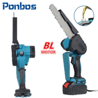 Ponbos 8 Inch Brushless Cordless Electric Chain Saw with Oil Can Makita 18V Battery for Flower and Tree Pruning Tools