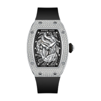 【BONEST GATTI】布加迪 銀色x晶鑽 鳳凰雕刻 酒桶造型黑色氟橡膠錶帶 自動上鍊機械錶 女錶(BG9910-A2)