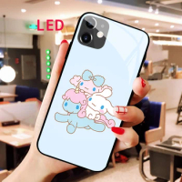 Cinnamoroll Luminous Tempered Glass phone case For Apple iphone 13 14 Pro Max Puls mini Luxury Fashion RGB LED Backlight cover