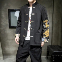 Chinese Traditional Dress Dragon Embroidery Hanfu Jacket Men Clothing Ethnic Style Plus Size Coat Tai Chi Kung Fu Clothing