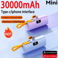 Mini Power Bank 30000mah For Samsung Iphone Xiaomi Built In Cable Powerbank Digital Display External Battery Portable Charger