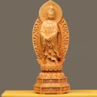 Cliff Cypress Wood Hand Carving Crafts, Prayer Beads Guanyin Buddha Statue, Stand Lotus Sculpture, Chinese style Home Decor, 1Pc