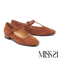 【MISS 21】MISS 21 小懷舊T字帶羊麂皮瑪莉珍方圓頭低跟鞋(棕)