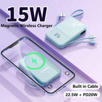 20000mAh Magnetic Qi Wireless Charger Power Bank Built in Cable for iPhone 15 14 13 Xiaomi Samsung 22.5W Fast Charging Powerbank