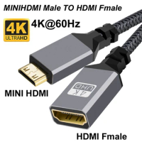 20CM Nylon Braid Gold HD 4K@60HZ V2.0 MINIHDMI MINI HDMI Male To HDMI Fmale Extension Cable For HDTV PS4 Projector HDTV Monitor