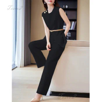 Tesco O-Neck Sleeveless Vest Office Suit For Women 2024 Spring Summer Hing Waist Wide Leg Pants 2 Piece Casual Vest Set for Lady