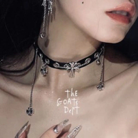 The Goats Dept - Black Chrome Cross Hearts Leather Chain Choker Necklace / kalung leher bunga antik