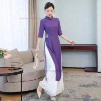 2024 traditional vietnam ao dai chinese dress+pants set women flower embroidery cheongsam dress costume floral aodai qipao dress