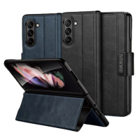 【HongXin】三星 Samsung Galaxy Z Fold4 皮紋手機支架保護套 手機殼(黑色)