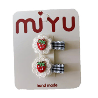 2PCS Plaid red and black lace alligator clip with cherry embroidery, sweet bangs clip hair accessory