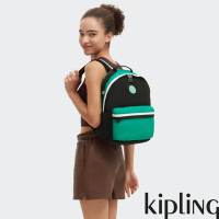 Kipling 黑綠撞色拼接多袋拉鍊後背包-DAMIEN M
