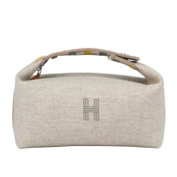 【Hermes 愛馬仕】H Logo 拼色格紋提把小款帆布手提便當包(裸麥色)