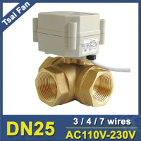 Tsai Fan Motorized Valve TF25-BH3-C 3 Way T/L Type Brass 1'' DN25 Horizontal Valve AC110V-230V 3/4/7 Wires For Flow Control