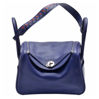 【Hermes 愛馬仕】Lindy 26 Tressage De Cuir系列牛皮銀扣橘黑編織背帶手提/肩背包(墨水藍H076295CK-BLEU)