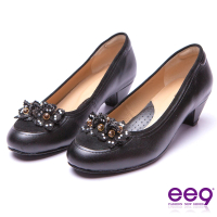 【ee9】經典手工-都會優雅異材質併接鑽飾造型花朵跟鞋＊黑色(跟鞋)