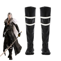 Game Final Fantasy VII Cosplay Rebirth Sephiroth Shoes Black Leather Boots for Men Halloween Party Shoes