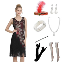 1920s Flapper Roaring 20s Great Gatsby Costume Fringed Sequin Beaded Dress and Embellished Art Deco Dress Accessories