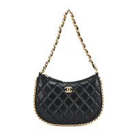 【CHANEL 香奈兒】Hobo Bag經典雙C LOGO菱格紋小羊皮小號手提/肩背包(黑色)