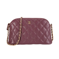 【CHANEL 香奈兒】經典粒紋皮革貝殼斜背包(咖啡紅)