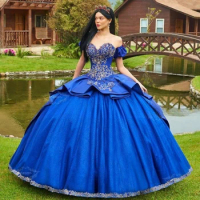 Elegant Blue Quinceanera Dress 2024 Princess Prom Ball Gown Sweet 16 XV Years Birthday Dress Ruffle Layers Train Pageant Mexican