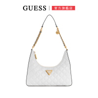 【GUESS】女包-GIULLY 時髦上身 衍縫 菱格紋 金鏈 三角 流浪 肩背包(白)