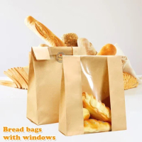 Large Capacity Kraft Paper Bags with Transparent Window Bread Packaging Bags Paper Bag for Food Snacks Cookie Coffee
