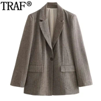TRAF Office Wear Long Blazer For Women Twill Tweed Jacket Women Autumn Winter Long Sleeve Blazer Woman Stylish Button Jacket