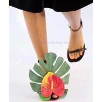 One-Word Strap Sandals Special Asymmetrical Heel Monstera Leaf Anthurium Flower Decoration 2023 New Arrival Shoes For Woman