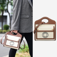 BURBERRY 巴寶莉  Mini Pocket 圓標LOGO帆布直式手提斜背兩用包(咖邊)