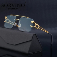 SORVINO Fashion Metal Leopard Rimless Sunglasses Double Bridges Gradient Ocean Film Shades UV400 Cut Edge Square Sun Glasses