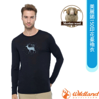 【Wildland 荒野】男 100%美麗諾150印花長袖衣.抗菌抗臭.四面彈性(0B02602-54 黑)
