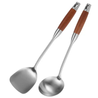 Stainless Steel Spatula For Carbon Steel, Stainless Steel Wok Spatula Metal, Wok Tools Set, Wooden Handle Soup Ladle Durable