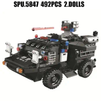 5121 492pcs Swat Police 07 Amphibious Armored Swat Vehicle 2 Dolls Weapon Boy Building Blocks Toy