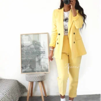 Tesco Yellow Office Lady Suit Sets For Women Long Sleeve Blazer+Trousers Female Pantsuit 2 Piece For Wedding Party ropa de mujer