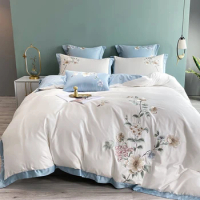 White Embroidered Floral Bedding Set 300TC Egyptian Cotton Chinese-style 4pcs Soft Duvet Cover Set with Bed Sheet Matching Shams