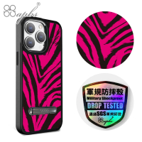 【apbs】iPhone 15 14系列 軍規防摔鋁合金鏡頭框立架手機殼(粉紅虎紋)