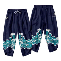 Fashion Wave Print Harlan Pants Harajuku Men Trousers Samurai Costume Loose Women Traditional Japanese Pants