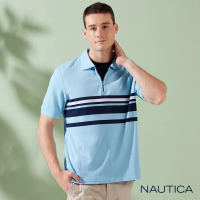 【NAUTICA】男裝 撞色拼接條紋拉鍊短袖POLO衫(藍色)