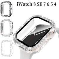 Bling Glass+Cover For Apple Watch Case 45mm 44mm 40mm 41mm 42mm 38mm Diamond bumper+Screen Protector iwatch series 7 9 8 5 6 SE