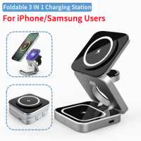 Portable Magnetic Wireless Charger Stand For iPhone 15 14 Pro Mini Foldable Fast Charging Station For Apple Watch SE 8 7 Airpods