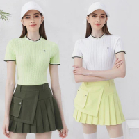Golfist Women Golf Short Sleeve Knitwear Korean Slim Fit Round Neck T-shirt Tennis Tops Laides Sports Pleated Skort with Pocket