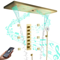 Brushed Gold Music LED Shower System Ceiling 36*12 Inch Shower Head Bathroom Thermostatic Shower Faucet Set
