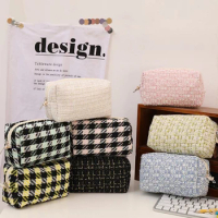 1X Black Canvas Plaid Travel Cosmetic Lipstick Storage Bag Cute Girls Makeup Handbag Organizer Stationery Pencil Cases Pouch Bag