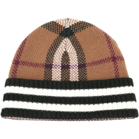 BURBERRY 格紋拼條紋喀什米爾羊毛反摺針織帽(深樺木棕)