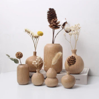 1Pc New Chinese Style Simplicity Solid Wooden Dry Flower Vase Handicrafts Home Living Room Tabletop Decorative Vase Ornament