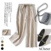 【ACheter】日本高腰時尚蝴蝶結棉麻感寬鬆九分寬褲#108993現貨+預購(4色)