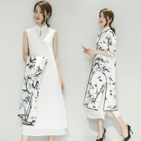 夏裝新款民族風套裝中國風文藝復古水墨印花旗袍連衣裙兩件套1入