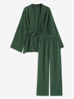 ZAFUL Women Daily Home Co Ord Two Piece Set Solid Color Drop Shoulder Long Sleeve Wrap Top With High