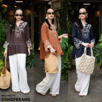 พร้อมส่ง เสื้อผ้าลินินคอวีปักคอและแขน งานป้ายvshopbrand คําแนะนําการขายที่ร้อนแรงในเดือนนี้